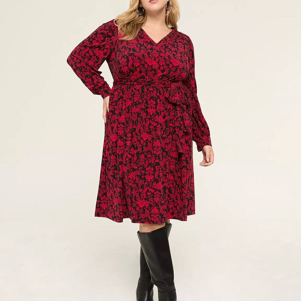 NWT Lane Bryant Red & Black Paisley V-Neck Jersey Dress with Long Sleeves 14/16